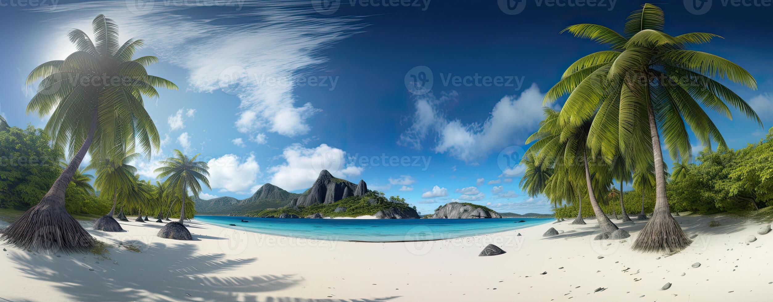 tropical paradise beach with white sand and coco palms travel tourism wide panorama background concept. . photo