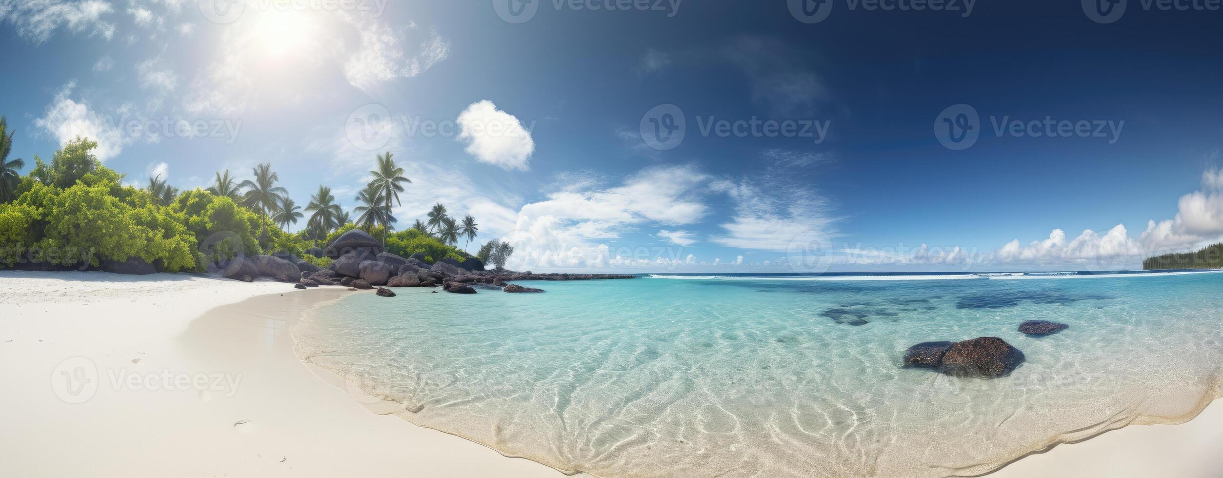 tropical paraíso playa con blanco arena y Coco palmas viaje turismo amplio panorama antecedentes concepto. generativo ai. foto