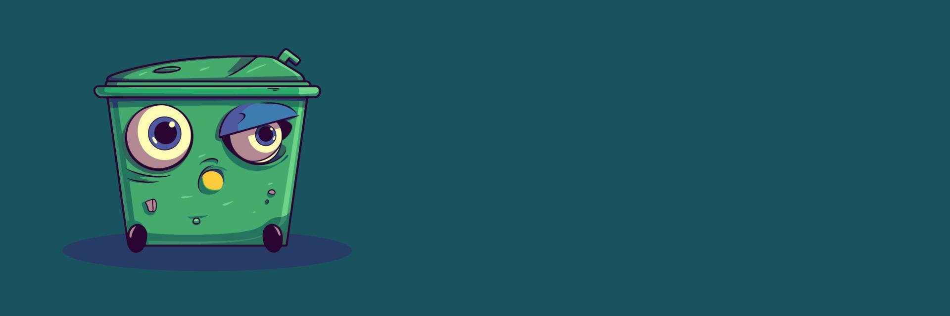 Trash can flat illustration. Ecology vector banner. Kawaii cartton