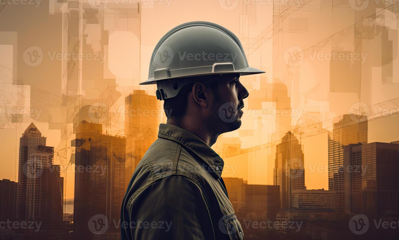 Construction concept. at back of the construction worker head which is wearing the safety helmet and checking work at the construction site. Non-existent person. photo