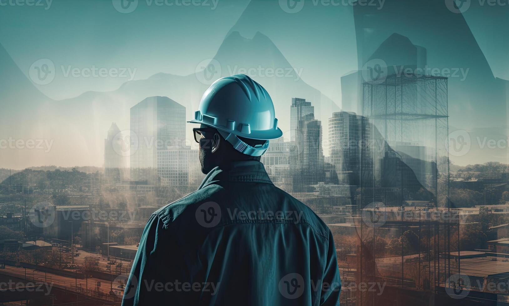 Construction concept. at back of the construction worker head which is wearing the safety helmet and checking work at the construction site. Non-existent person. photo