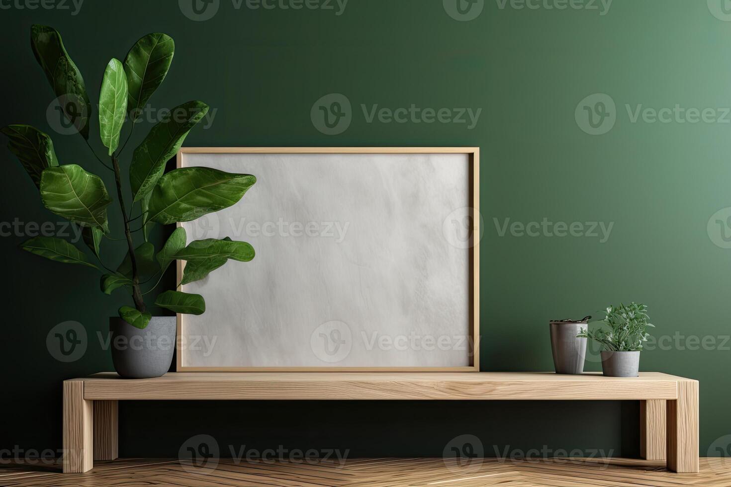 Modern home interior with design wooden commode, mock up poster map, feather in vase, accessories in stylish home decor Template. photo