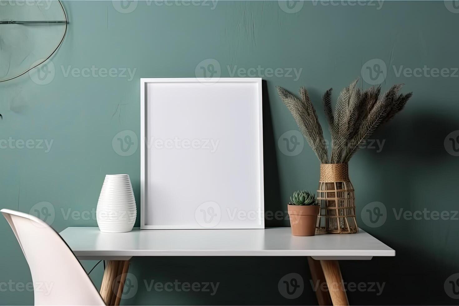 Modern home interior with design wooden commode, mock up poster map, feather in vase, accessories in stylish home decor Template. photo