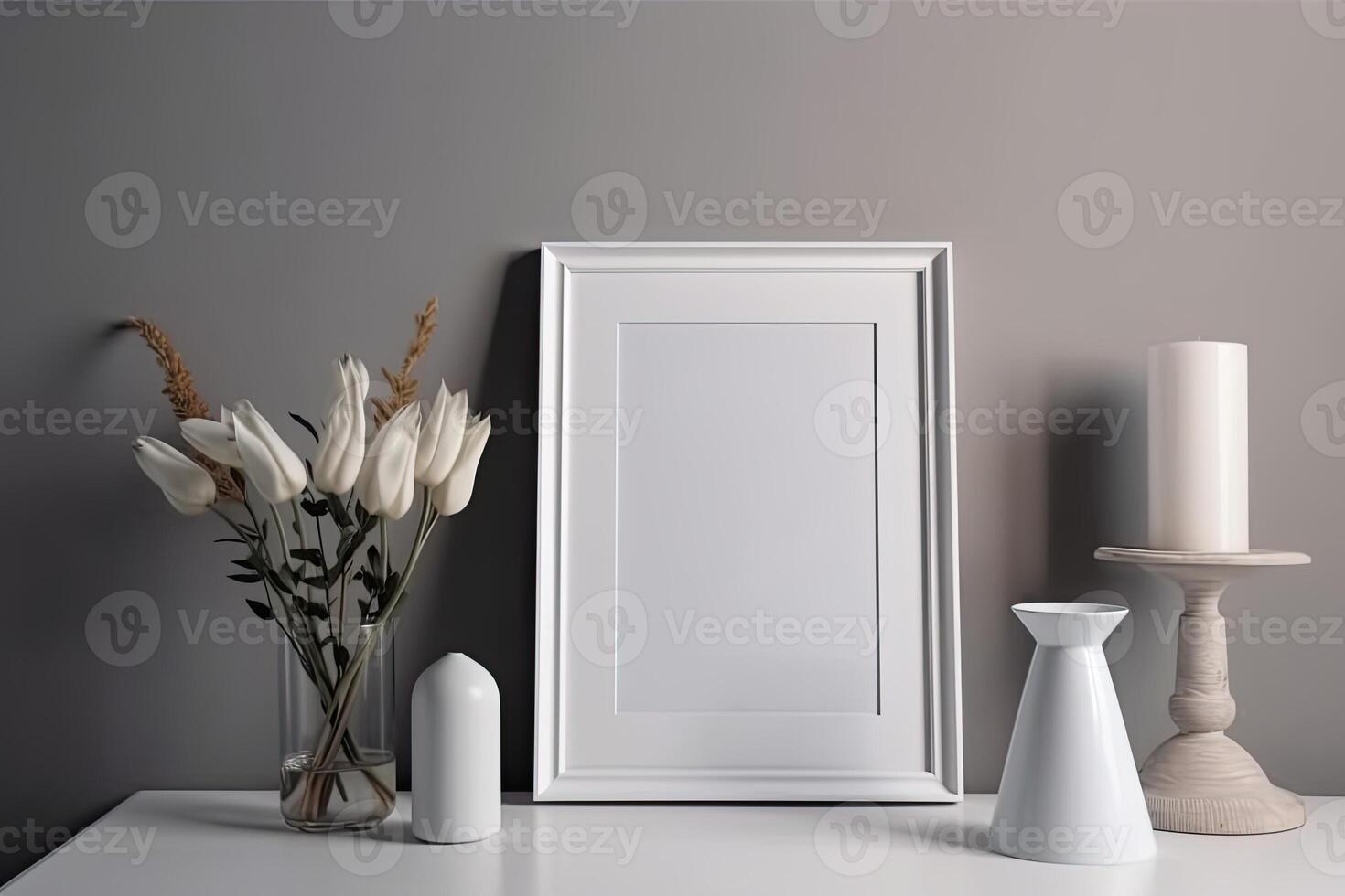 Modern home interior with design wooden commode, mock up poster map, feather in vase, accessories in stylish home decor Template. photo