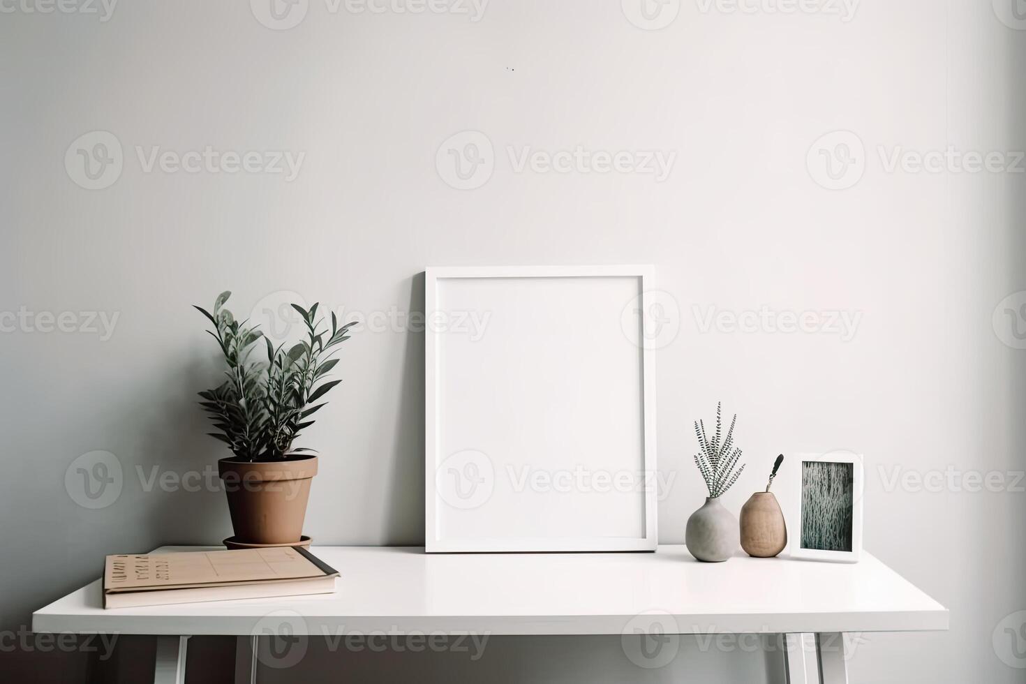 Modern home interior with design wooden commode, mock up poster map, feather in vase, accessories in stylish home decor Template. photo
