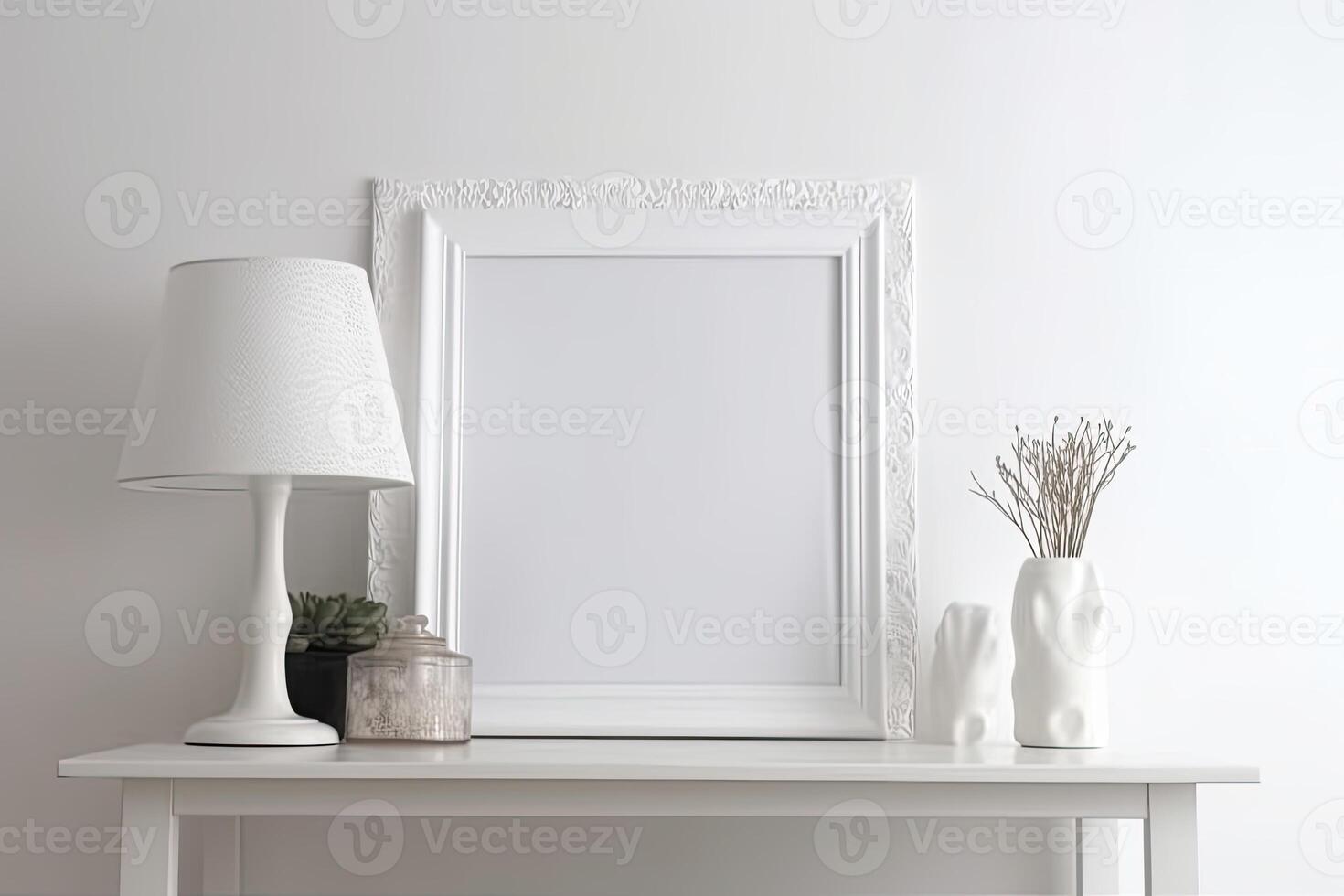 Modern home interior with design wooden commode, mock up poster map, feather in vase, accessories in stylish home decor Template. photo
