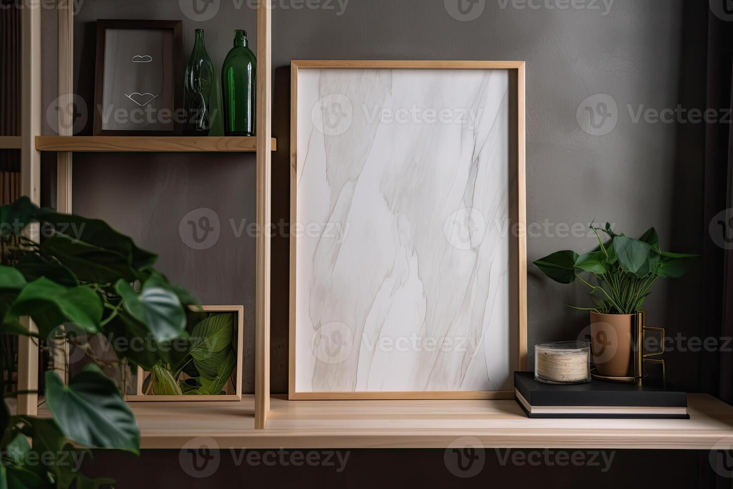 Modern home interior with design wooden commode, mock up poster map, feather in vase, accessories in stylish home decor Template. photo