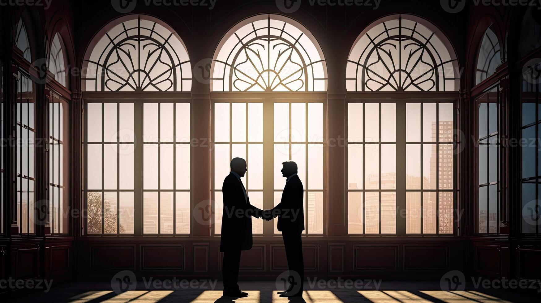 silhouettes two businessmen handshake in cooperation agreement concept at office and successful business partner. business man shaking hands to seal a deal with his partner. . photo