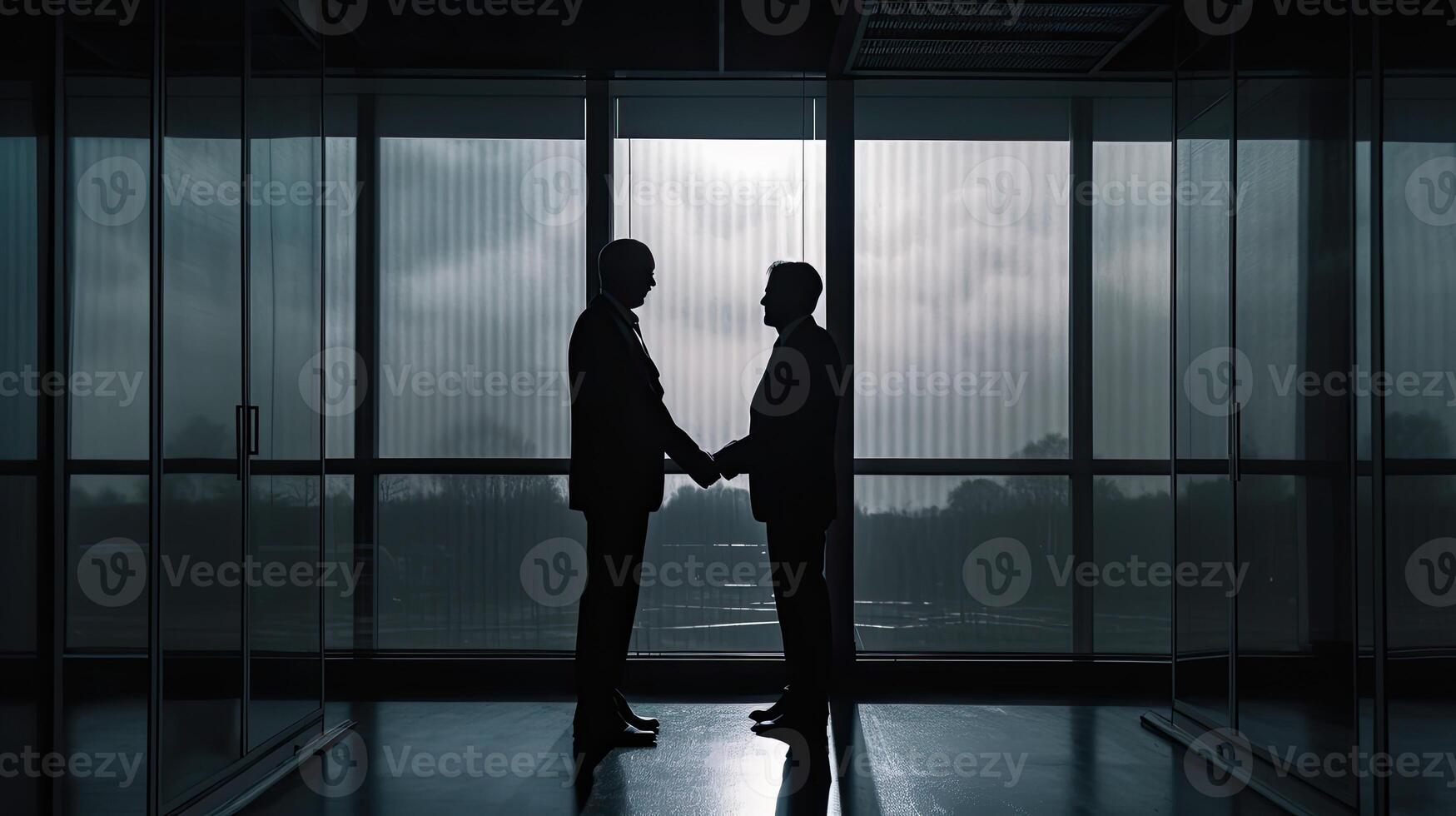 silhouettes two businessmen handshake in cooperation agreement concept at office and successful business partner. business man shaking hands to seal a deal with his partner. . photo