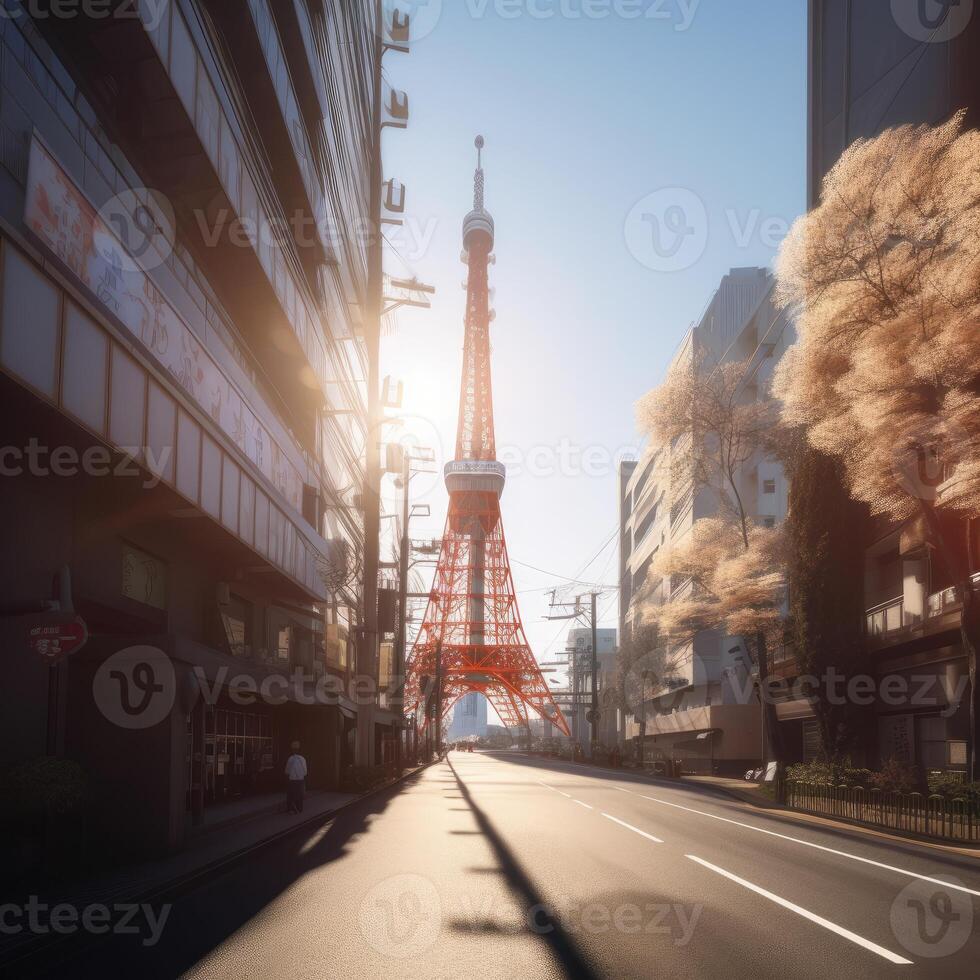 Tokyo Tower in close up view with clear blue sky, famous landmark of Tokyo, Japan. . photo