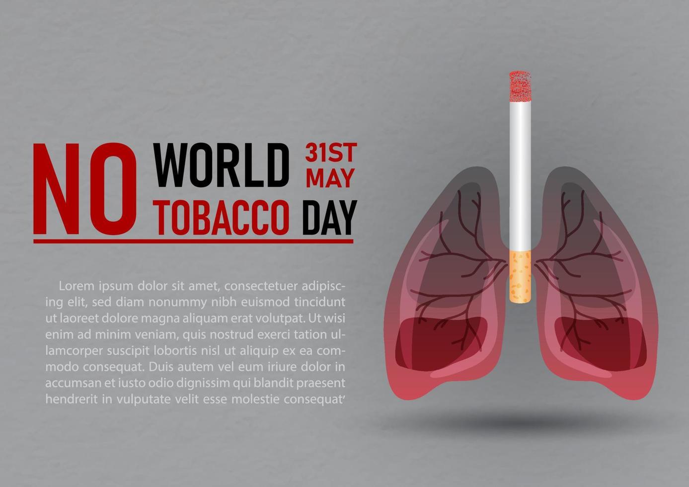 Human lung with cigarette burning and Wording of World no tobacco day, example texts on gray paper pattern background. Card and post campaign in vector design.