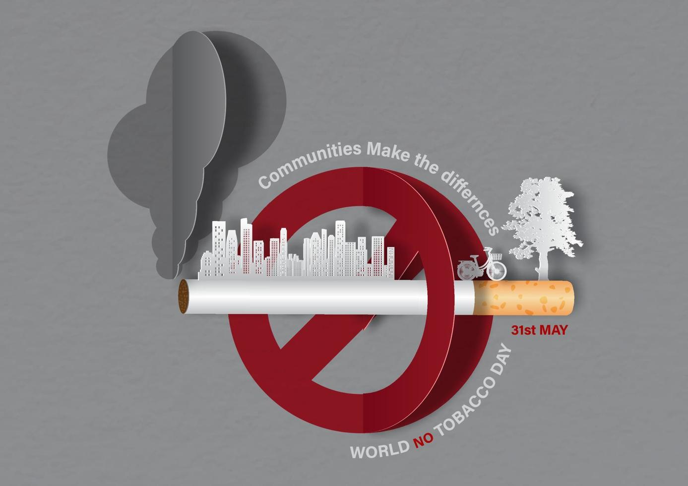 Image of cigarette with smoke and city building, silhouette happy people in a giant stop sign with slogan and day, name of event on gray paper pattern background. All in paper cut and vector design.