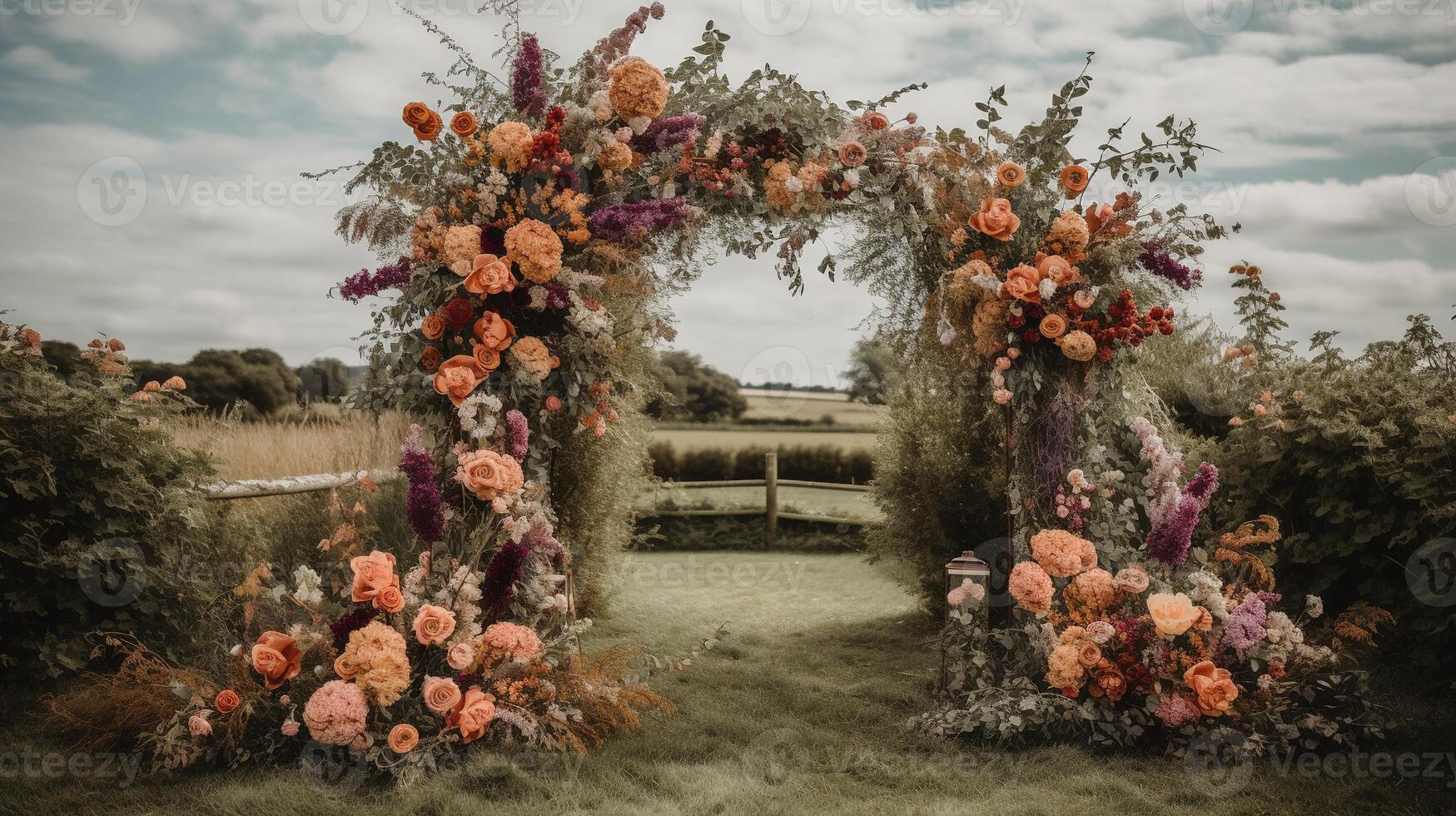 , Wedding ceremony boho rustic style arch with flowers and plants, flower bouquets. photo