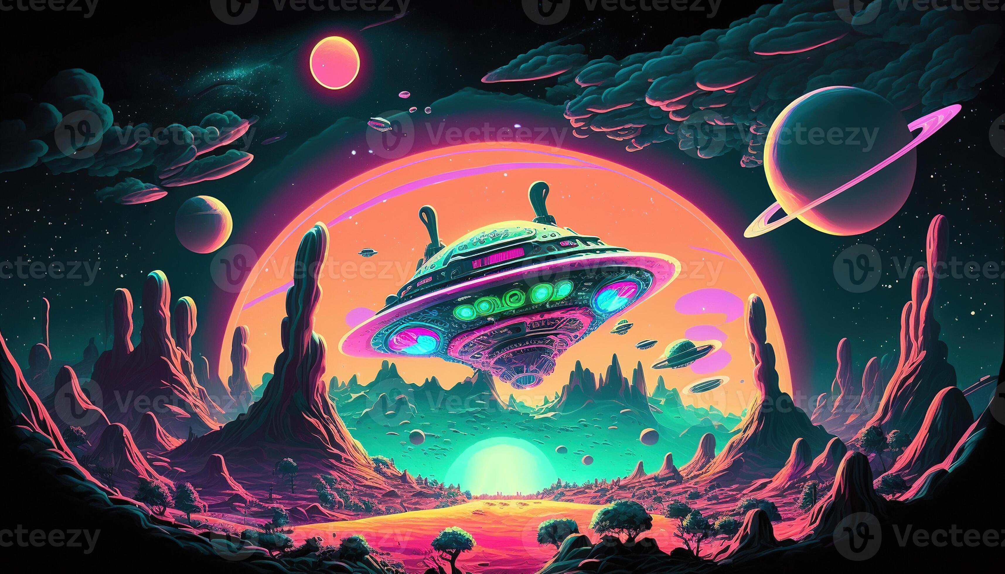 Generative AI, Alien planet landscape. Psychedelic Space banner template,  background. Horizontal illustration of the future with mountains, planets,  trees, moon. Surrealist escapism. 22986783 Stock Photo at Vecteezy