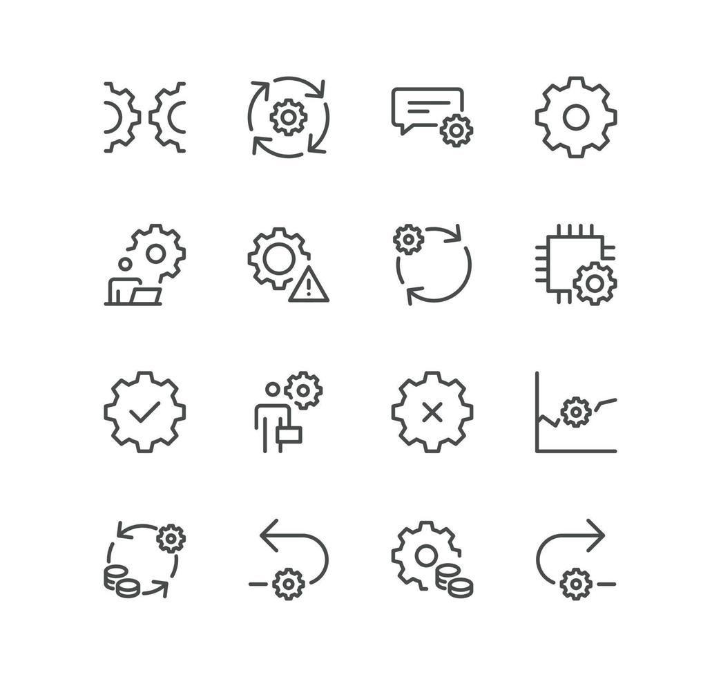 Set of gear related icons, engineering, process, settings and linear variety vectors. vector