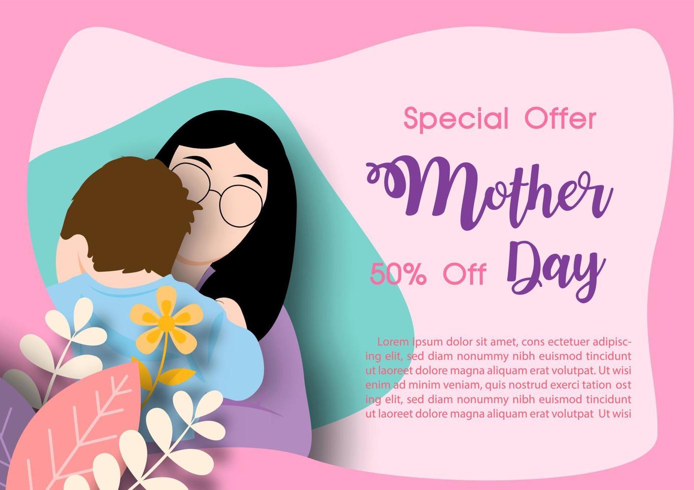 Decorated plants in paper cut style on mother holding a baby child sleeping with Mother's day sale wording and example texts on abstract shape and pink background. vector