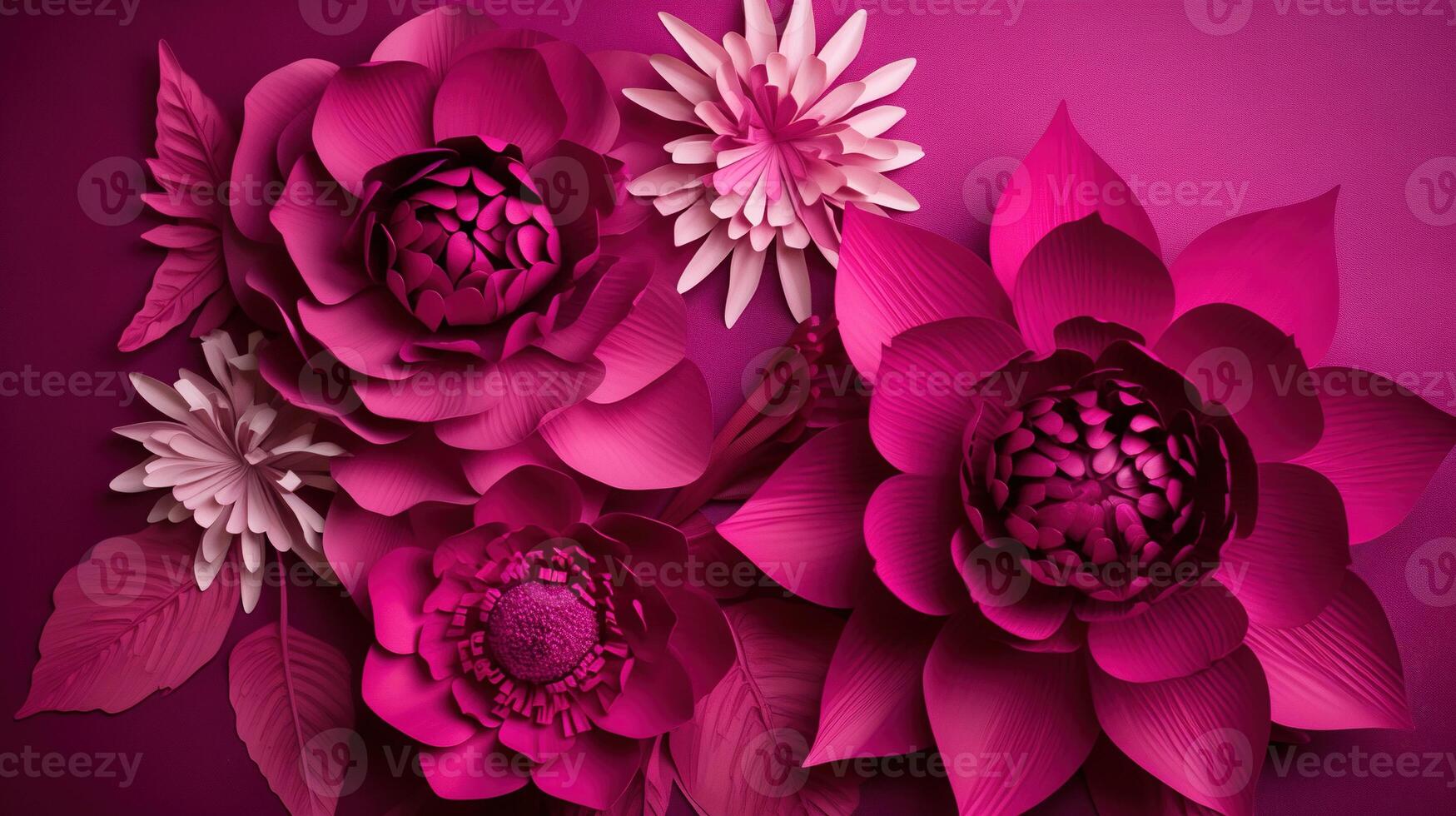 , Paper cut craft flowers and leaves, viva magenta color, floral origami textured background, spring mood. realistic effect. photo