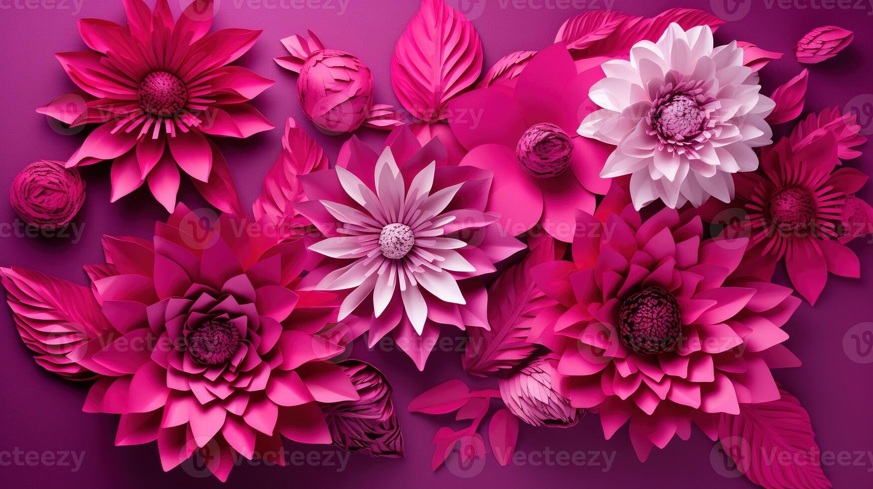 , Paper cut craft flowers and leaves, viva magenta color, floral origami textured background, spring mood. realistic effect. photo