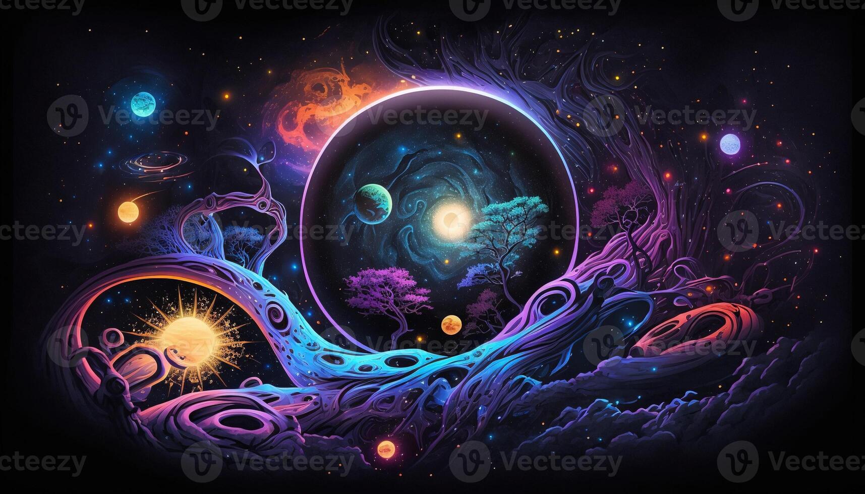 , Alien planet landscape. Psychedelic Space banner template, background. Horizontal illustration of the future with mountains, planets, trees, moon. Surrealist escapism. photo