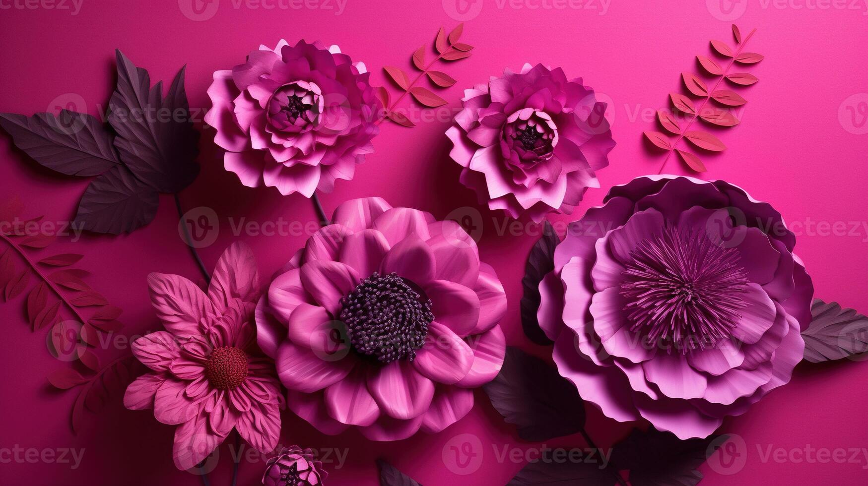 , Paper cut craft flowers and leaves, viva magenta color, floral origami textured background, spring mood. realistic effect. photo