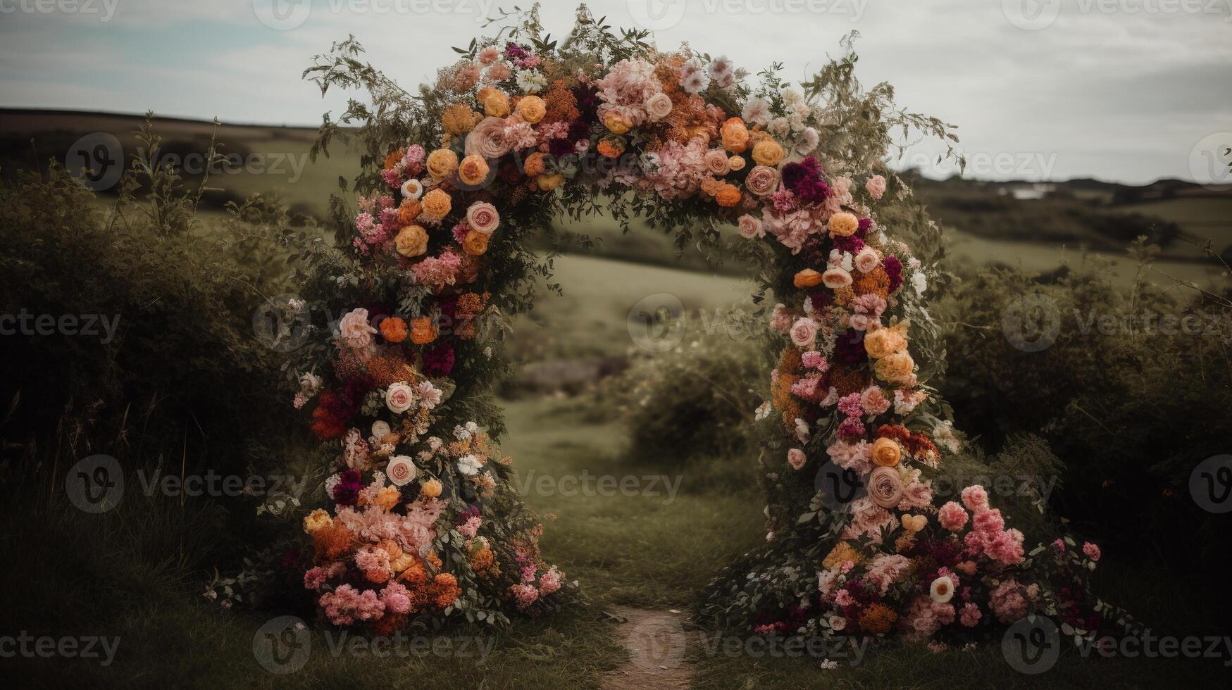 generativo ai, Boda ceremonia boho rústico estilo arco con flores y plantas, flor ramos de flores foto