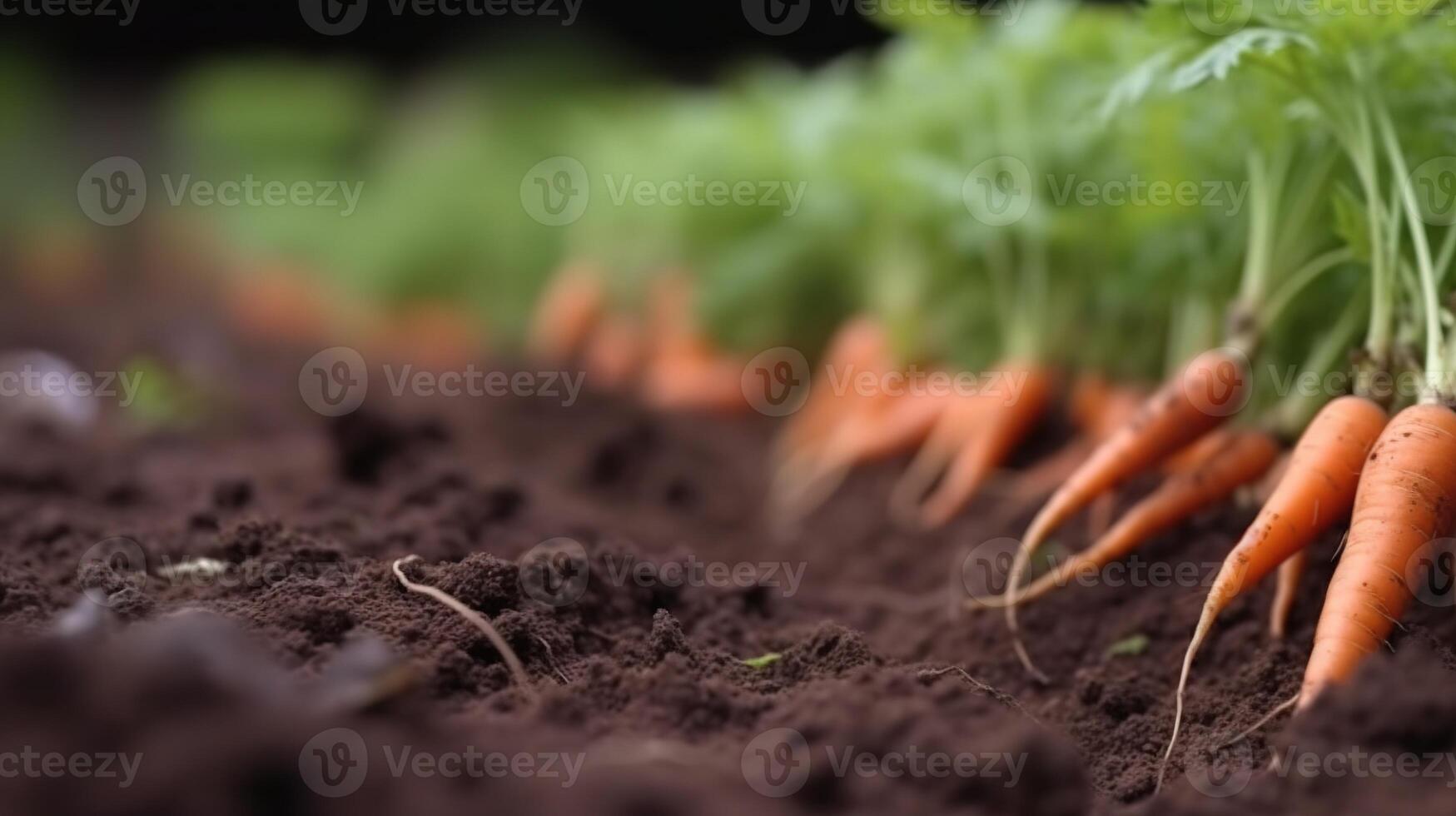 , Row of fresh carrots with green leaves on the ground, vegetables in the garden, a good harvest of eco products. photo