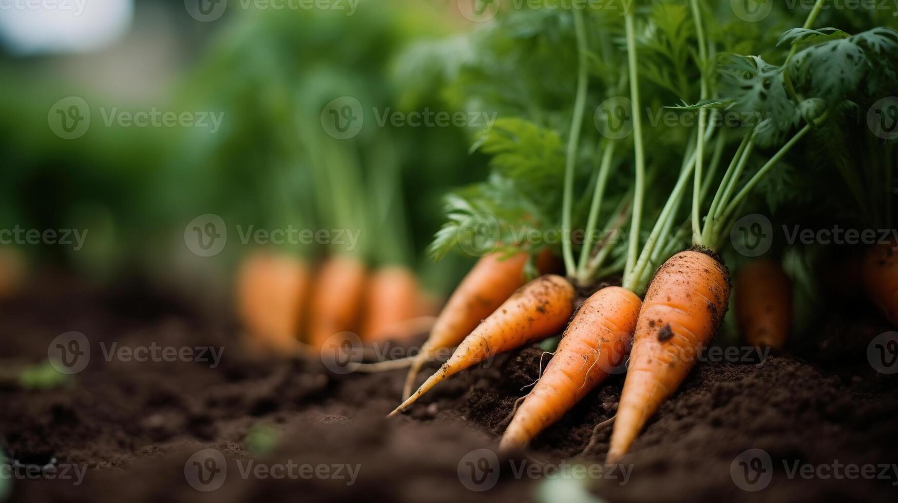 , Row of fresh carrots with green leaves on the ground, vegetables in the garden, a good harvest of eco products. photo