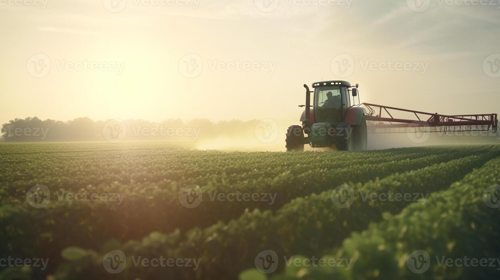 , Tractor spraying a field, Farm landscape, agricultural beautiful countryside, country road. Nature Illustration, realistic top view horizontal banner. photo