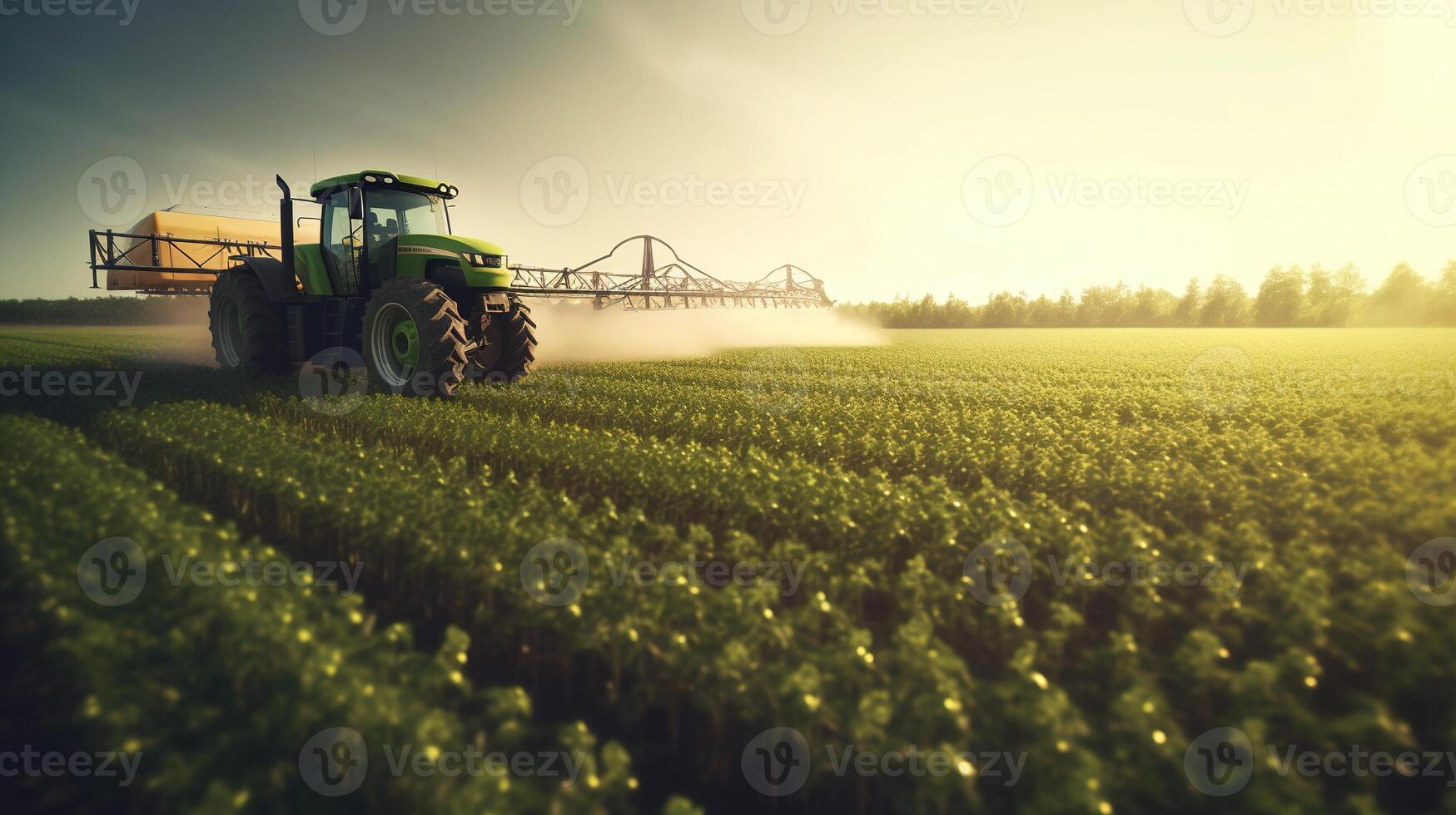 , Tractor spraying a field, Farm landscape, agricultural beautiful countryside, country road. Nature Illustration, realistic top view horizontal banner. photo