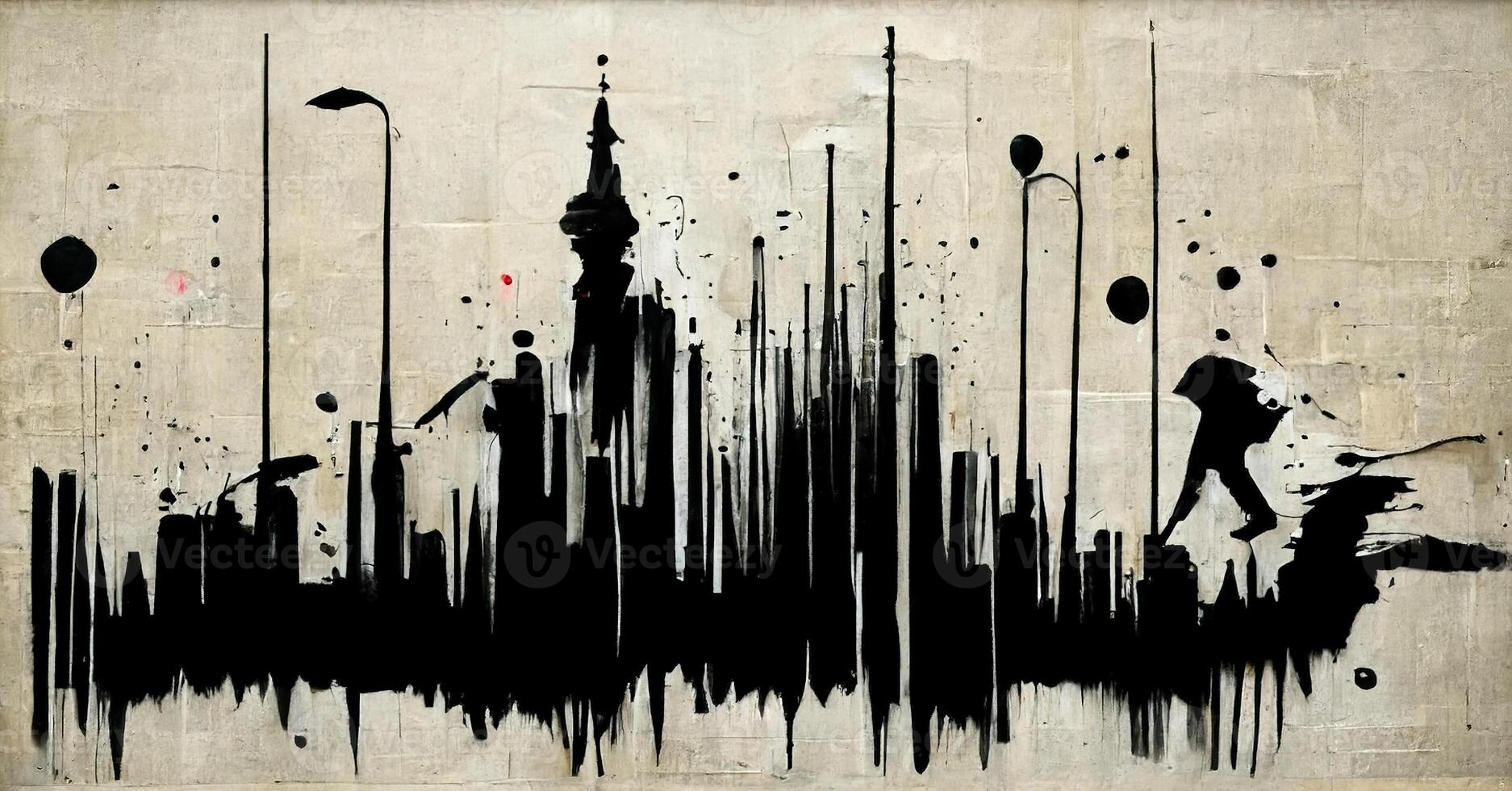 , Ink black street graffiti art on a textured paper vintage background, inspired by Banksy. photo