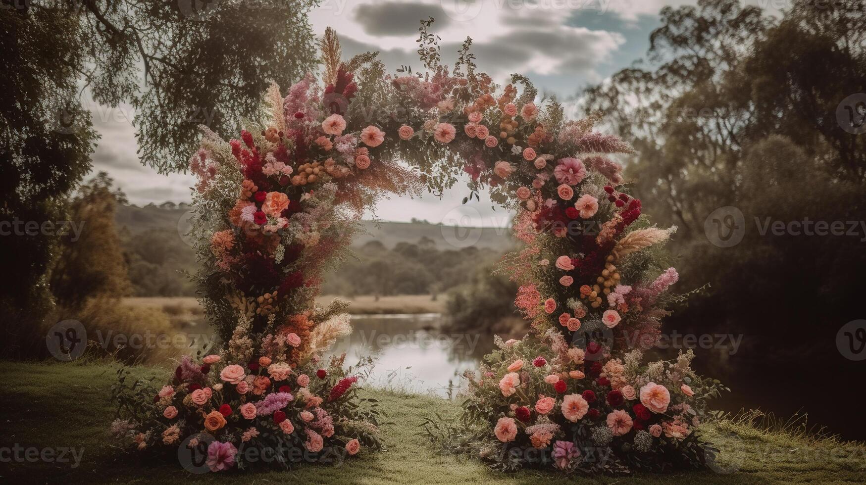 , Wedding ceremony boho rustic style arch with flowers and plants, flower bouquets. photo