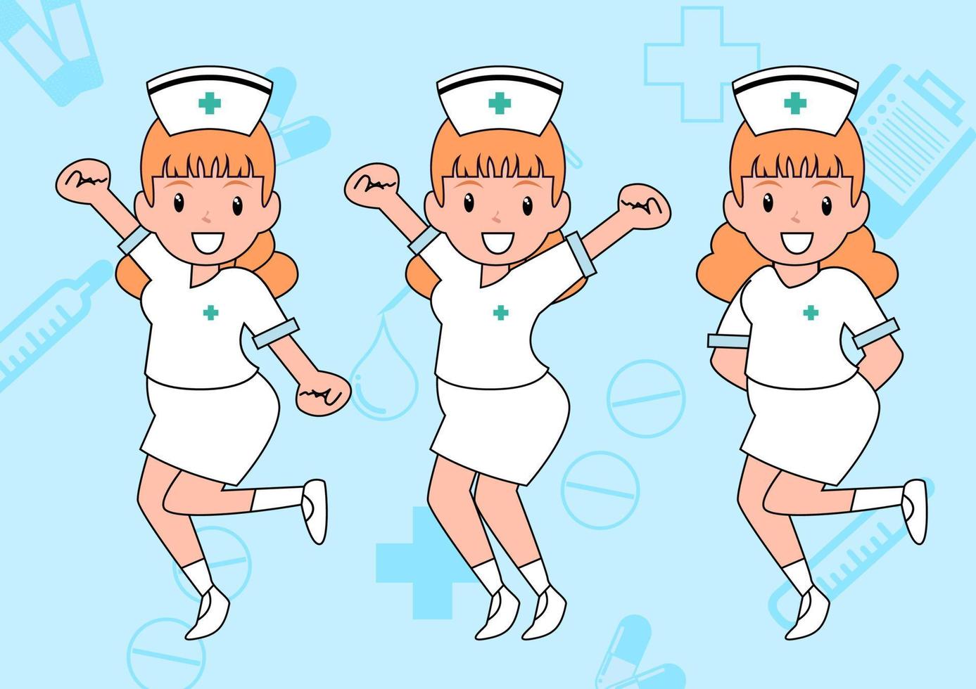 Nurses in cartoon character acting cute isolate on medical object pattern and blue background. vector