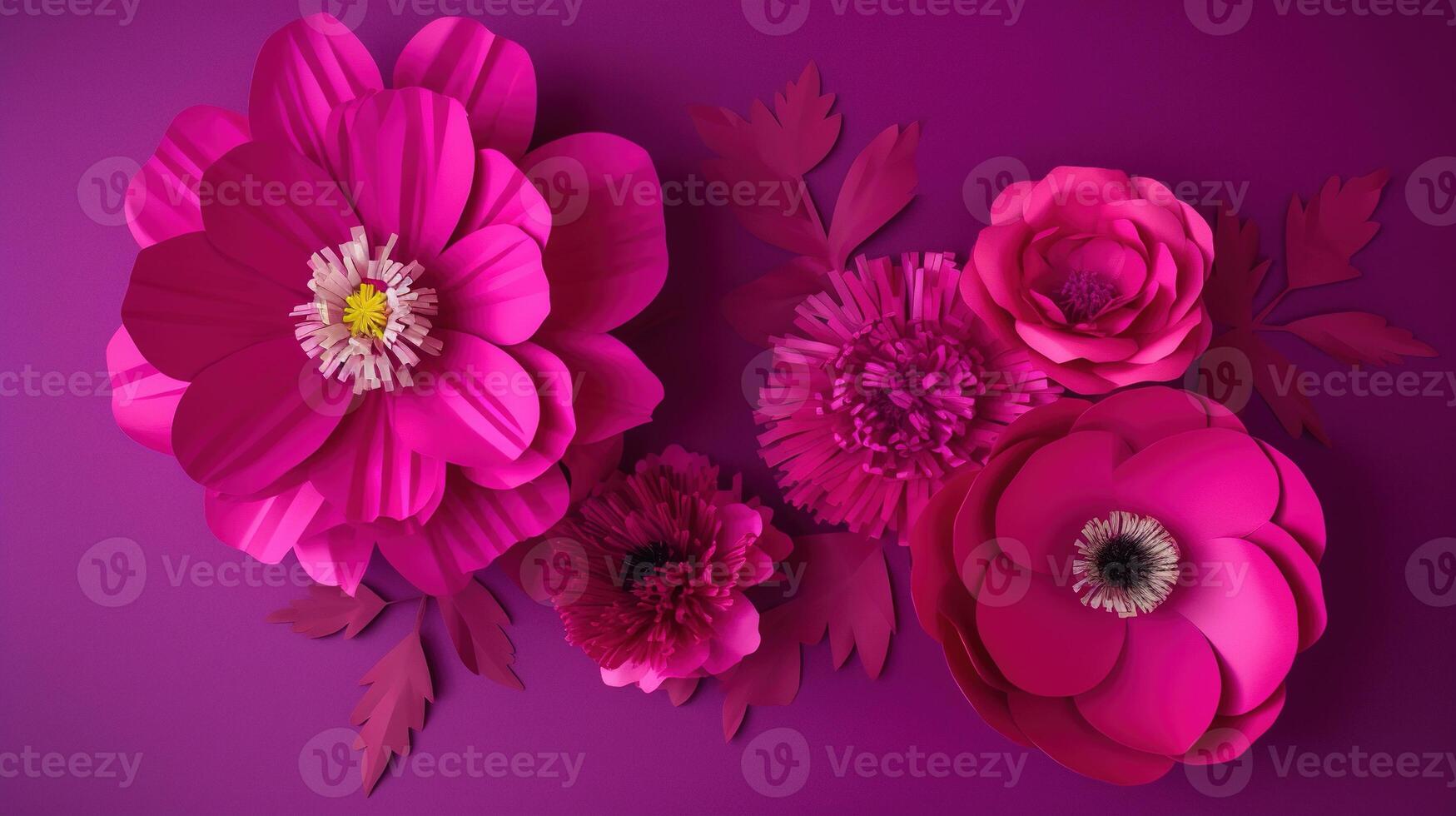 , Paper cut craft flowers and leaves, viva magenta color, floral origami textured background, spring mood. realistic effect. photo