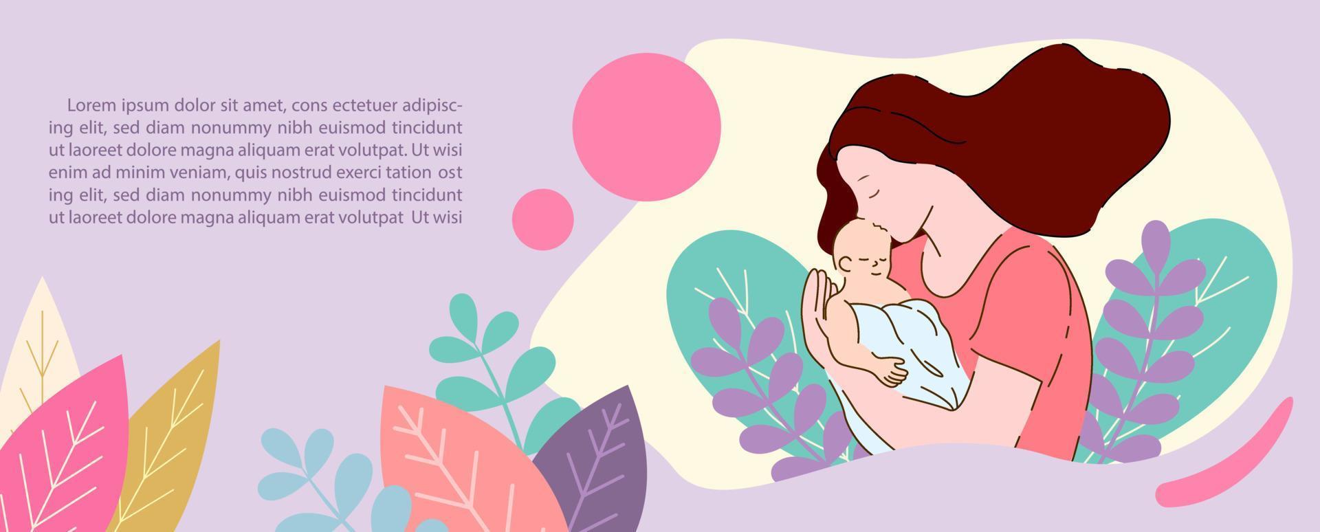 Mother hug and kiss her newborn baby on decorated plants, example texts on light yellow and purple background. Card and poster of Mother's day in flat style and banner vector design.