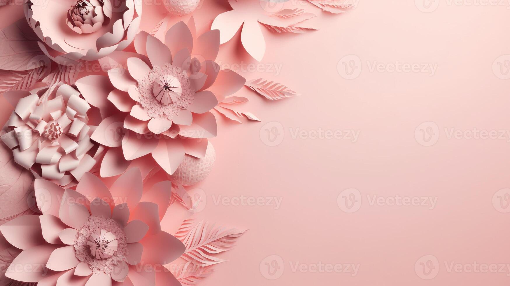 , Paper cut craft flowers and leaves, light pink color, floral origami textured background, spring mood. realistic effect. photo