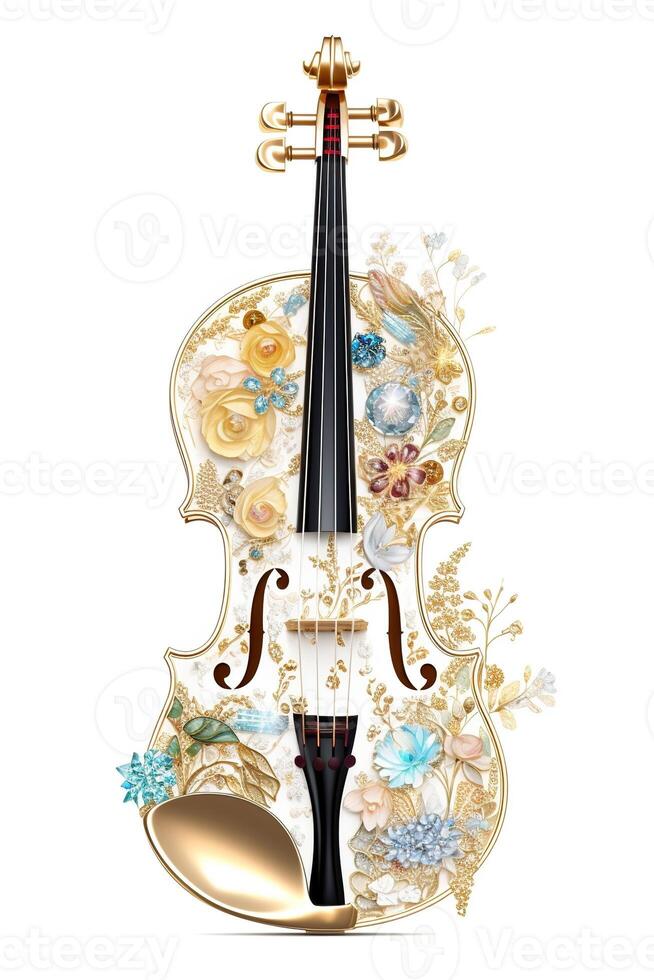 , beautiful musical instrument violin, brooch, opal stone and golden color palette isolated on white background. Bijouterie, jewelry close up photo