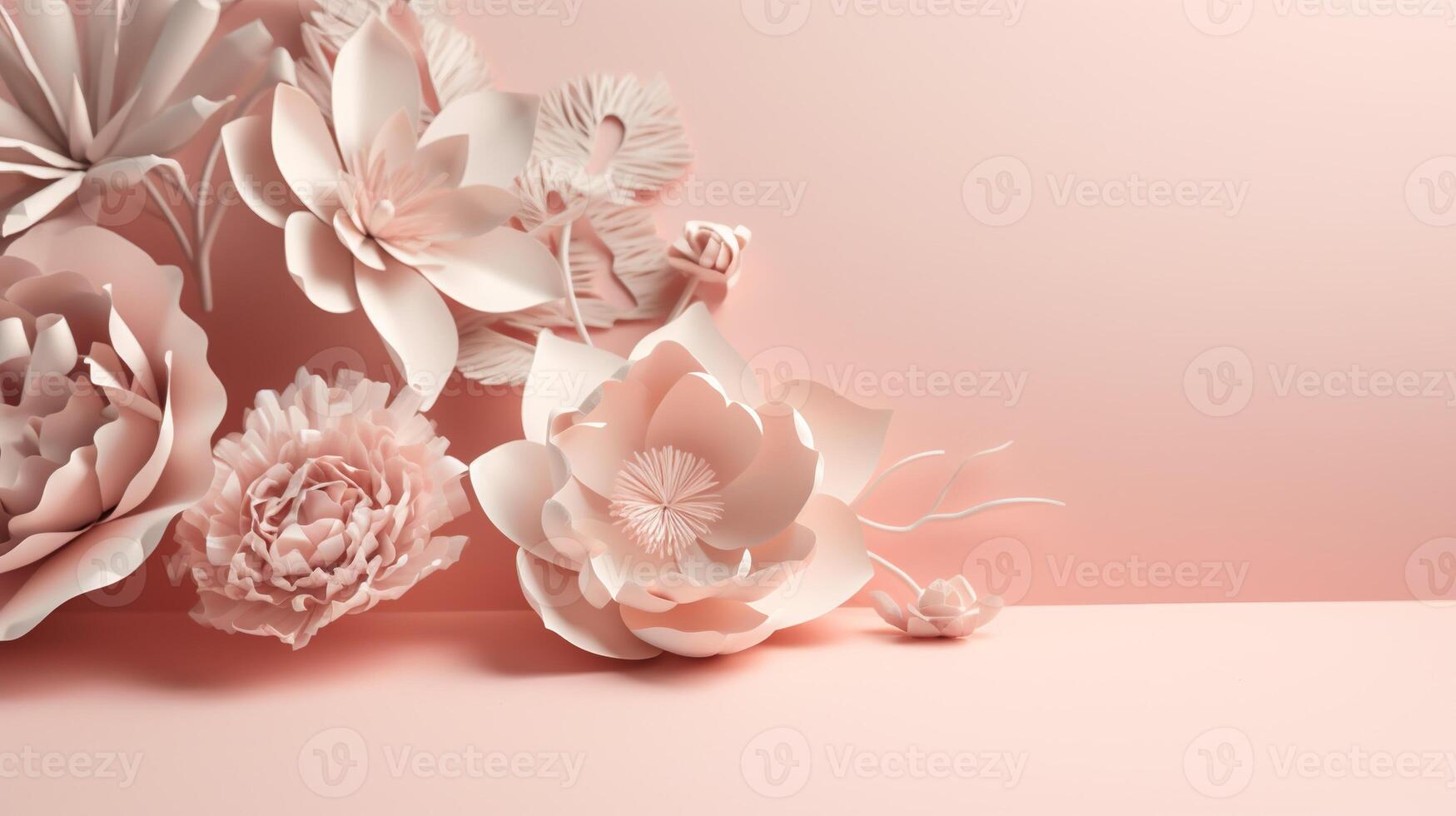 , Paper cut craft flowers and leaves, light pink color, floral origami textured background, spring mood. realistic effect. photo