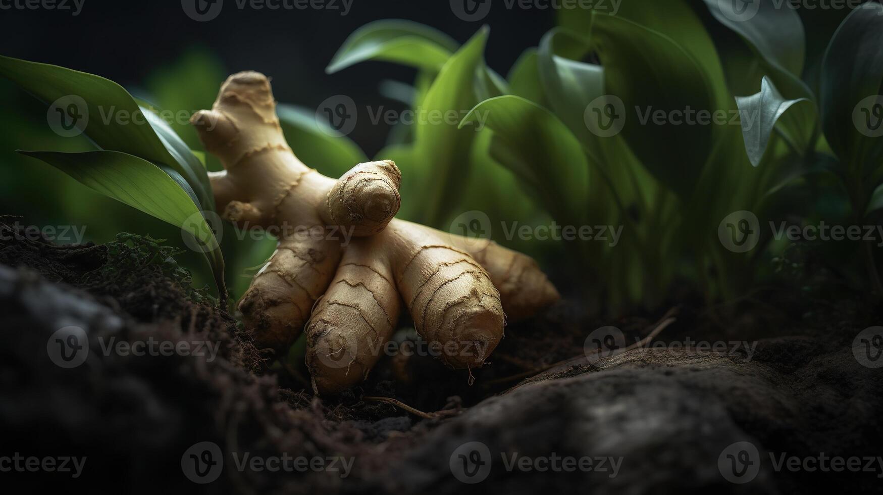 , ginger root spice realistic illustartion on dark background. photo