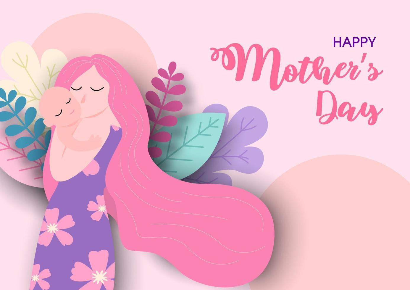 madre abrazo y Beso su recién nacido bebé en decorado plantas y contento de la madre día letras en rosado antecedentes. tarjeta y póster de de la madre día en papel cortar estilo y vector diseño.