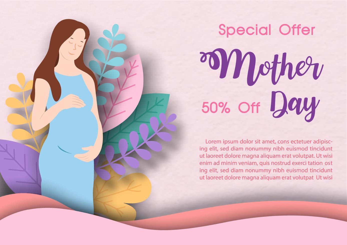 Pregnant woman in cartoon character standing and touch her  stomach with Mother's day sale wording and example texts on decorated plants and pink paper pattern background. vector