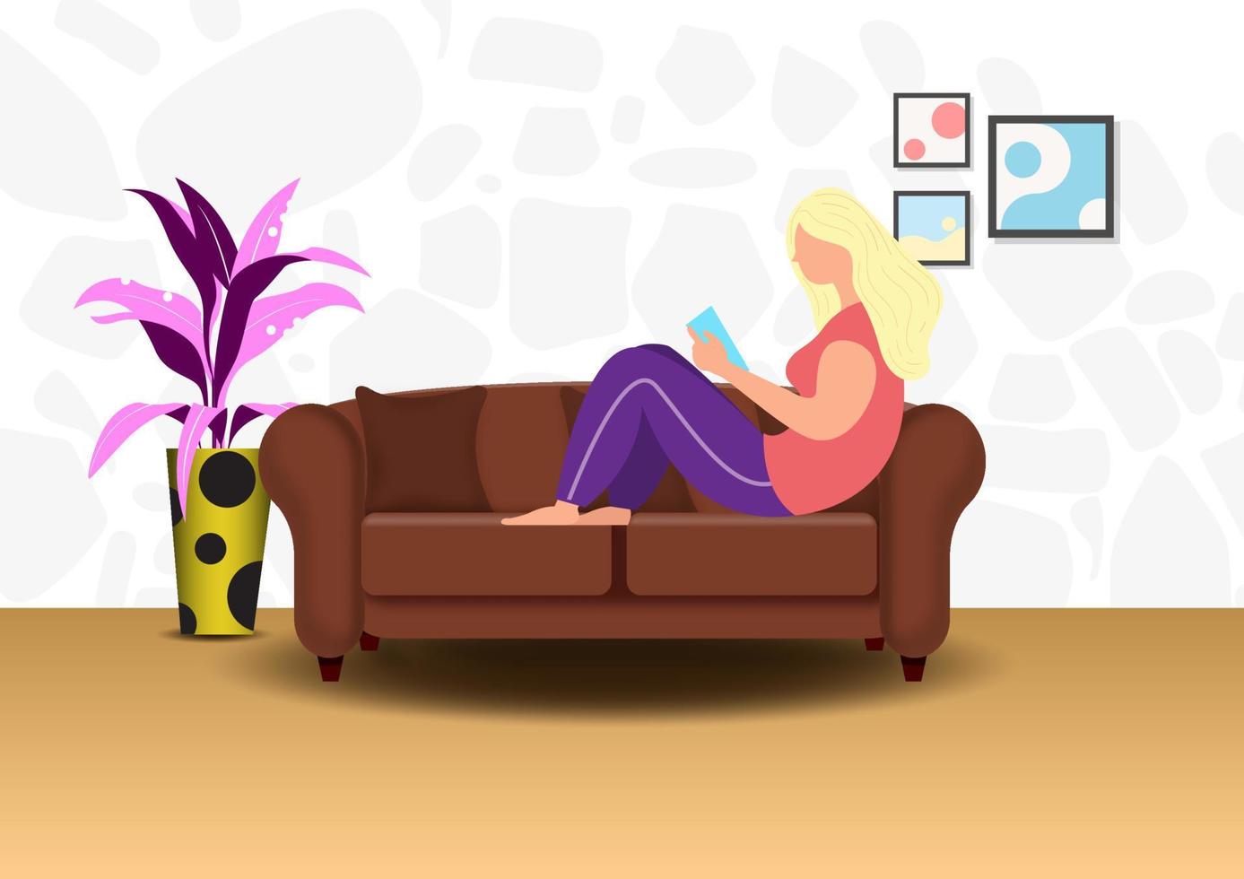 Woman in cartoon character relax and reading book on big sofa and in a modern room. Stay at home in covid-19 situation concept in vector design.