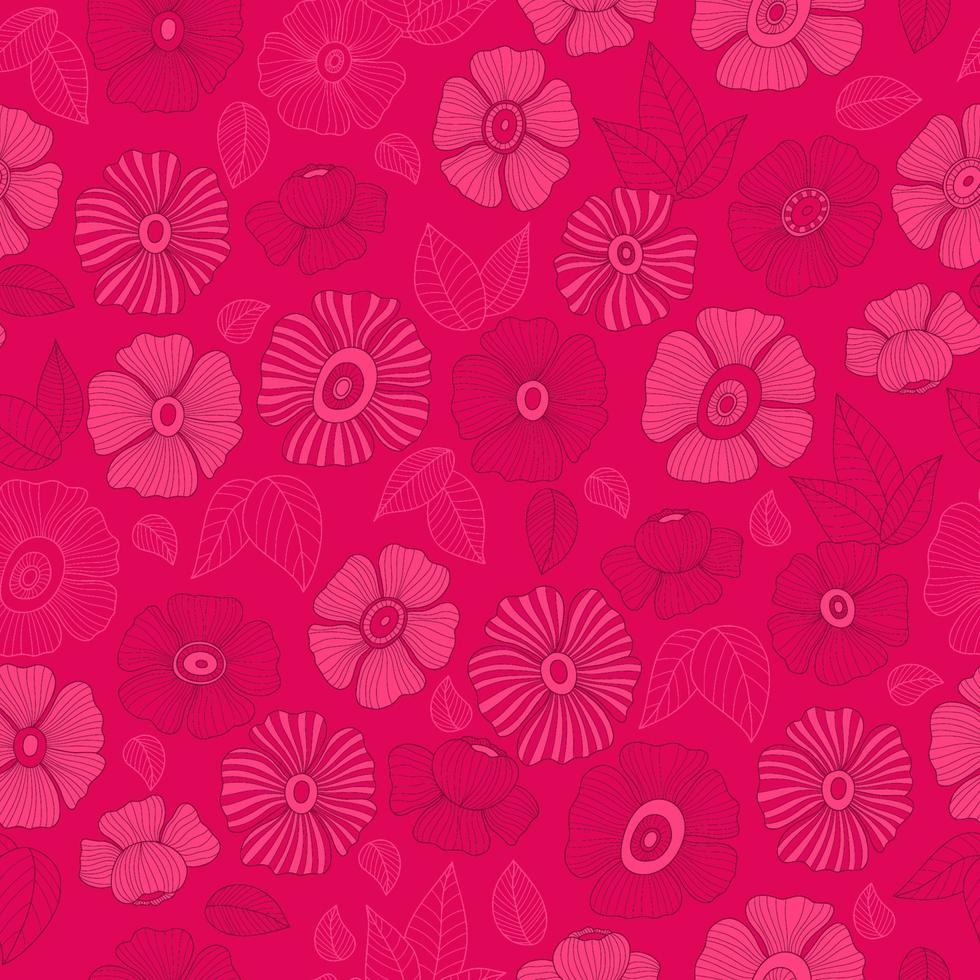 Retro floral seamless pattern with linear groovy flower on magenta background. Vector Illustration. Aesthetic modern art hand drawn for wallpaper, design, textile, packaging, decor.