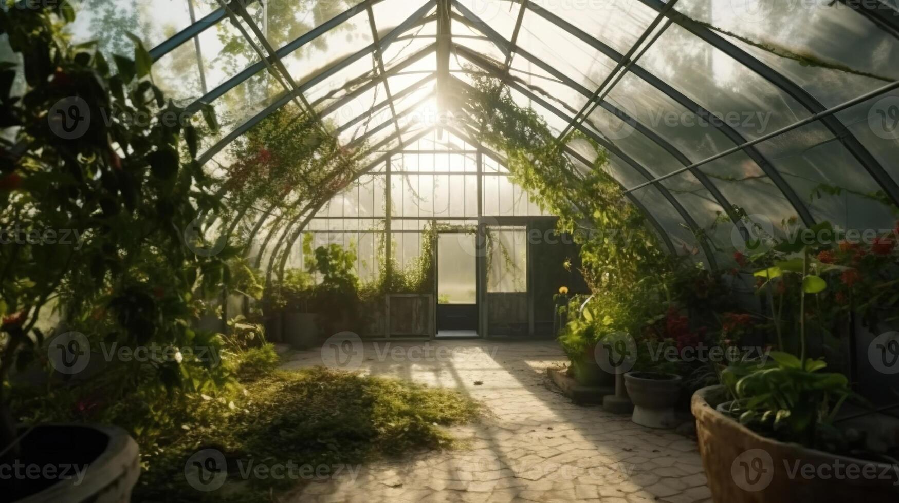 generativo ai, verde casa desde el vaso, carpa-vidrio jardín con un lote de plantas. fotorrealista efecto. foto