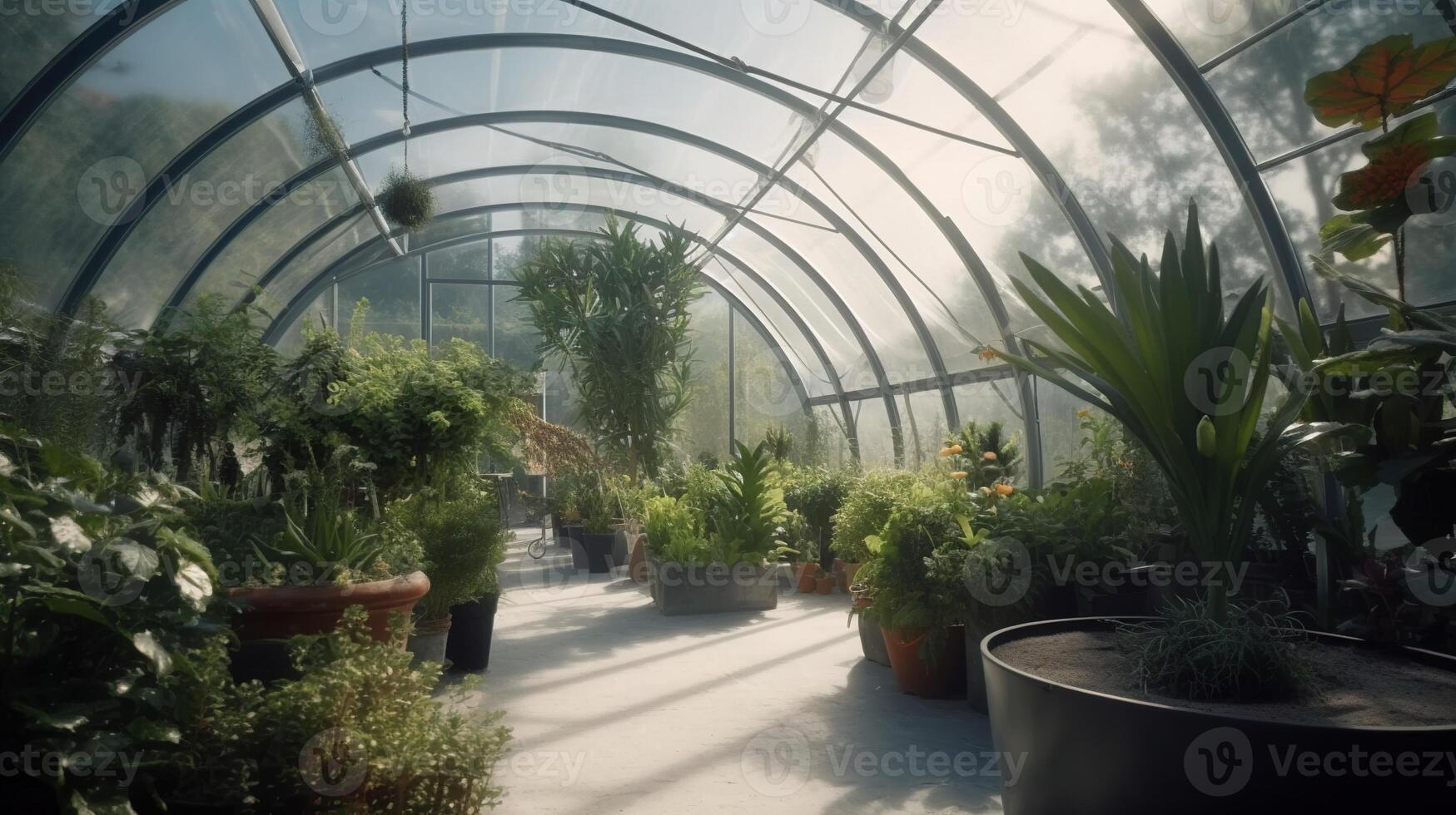 generativo ai, verde casa desde el vaso, carpa-vidrio jardín con un lote de plantas. fotorrealista efecto. foto