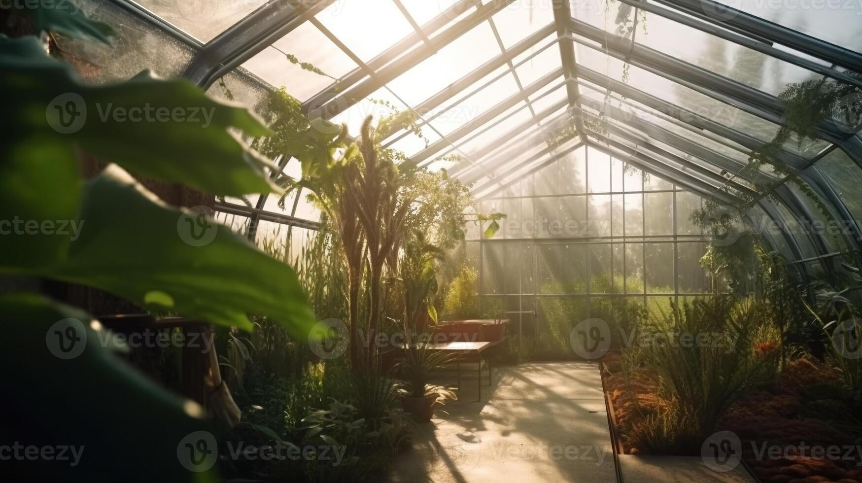 , Green house from the glass, tent-glass garden with a lot of plants. realistic effect. photo