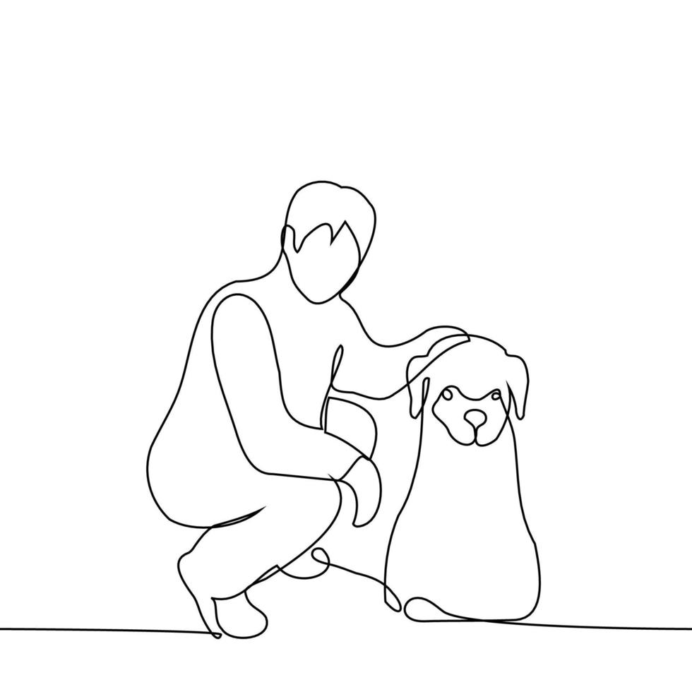 man squatting down and petting a dog while looking at the viewer - one line drawing vector. concept dog owner posing with pet, love for dogs vector