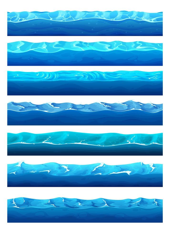 Cartoon game water surface, ocean or sea waves vector