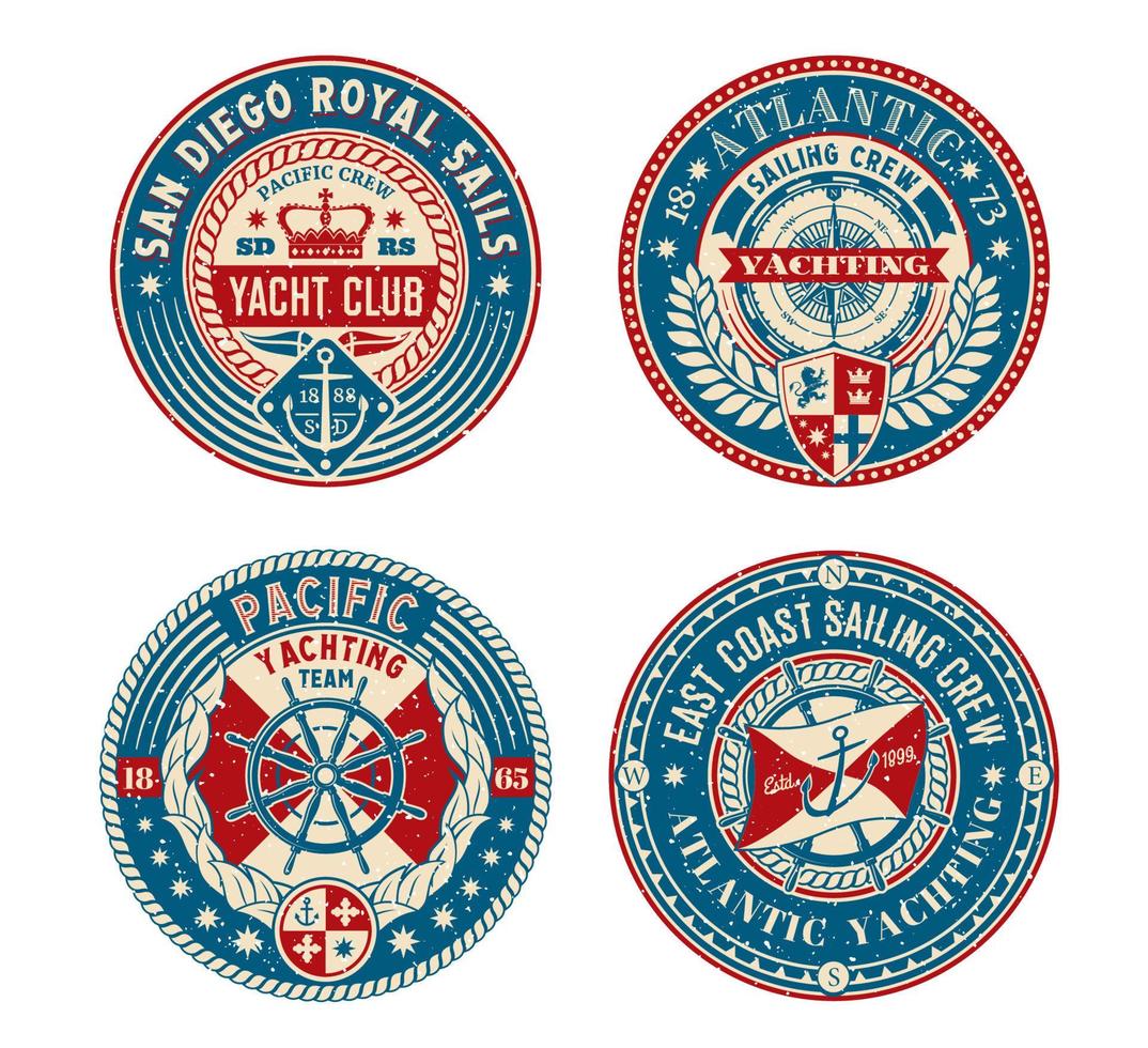 Yacht club retro patches, regatta nautical badges vector