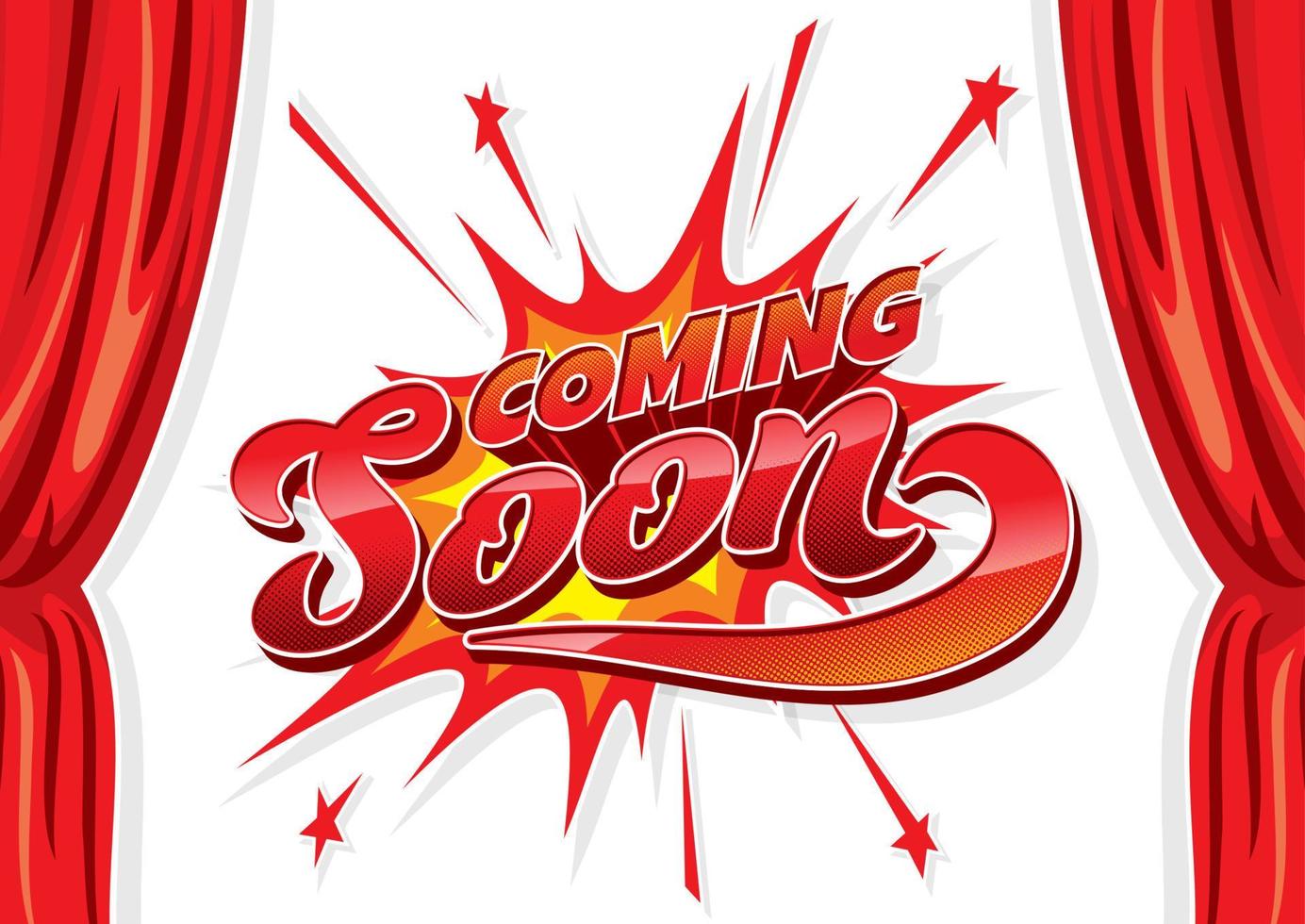 Coming soon cartoon poster with red curtains vector