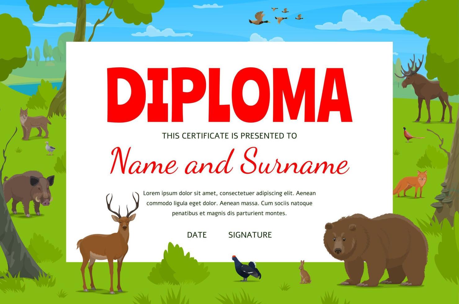 Conservationist or hunter diploma, forest animals vector